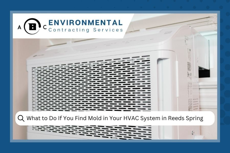A white window air conditioner with a text overlay about mold in HVAC systems, featuring the ABC Environmental logo.