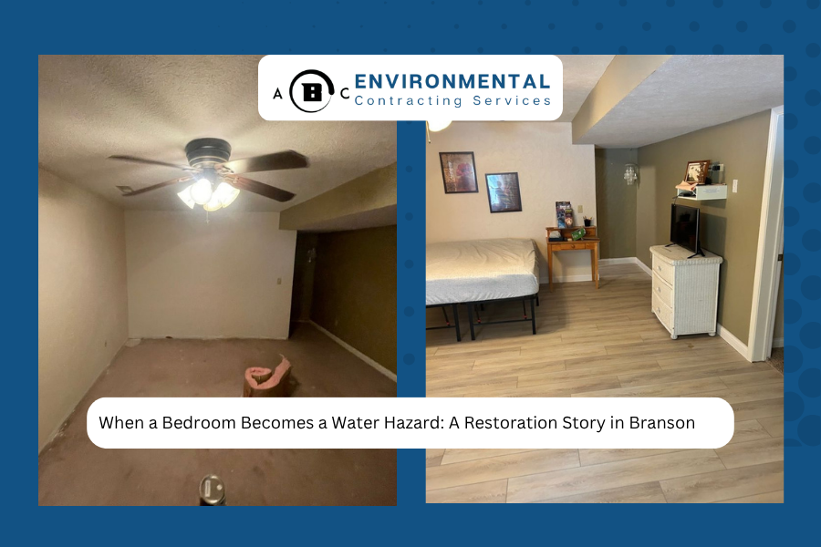 Before and after shots of a basement bedroom restoration in Branson after water damage.