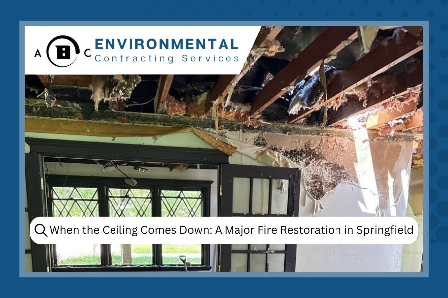 Fire-damaged ceiling and window frame. Environmental contracting services logo in the top left. Text: 