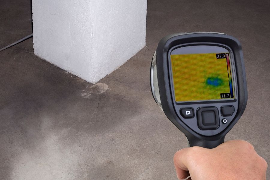 Professional using moisture meter to check water levels