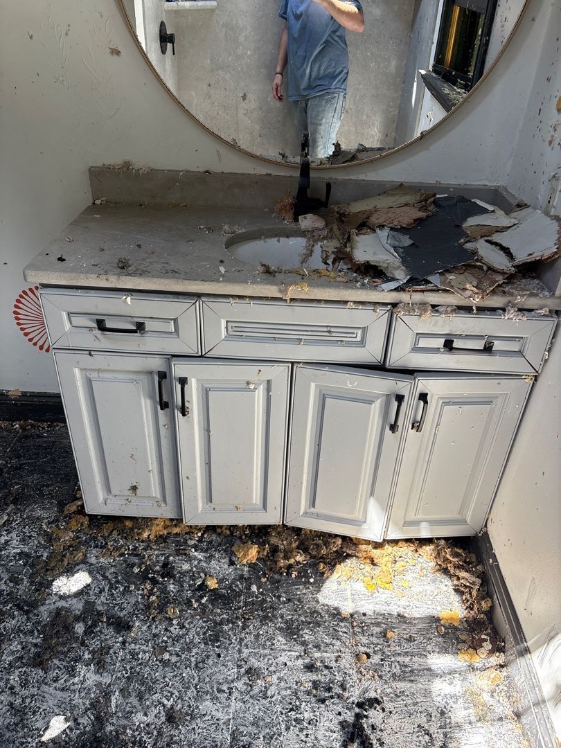 Bathroom vanity fire damage with ceiling debris in Springfield