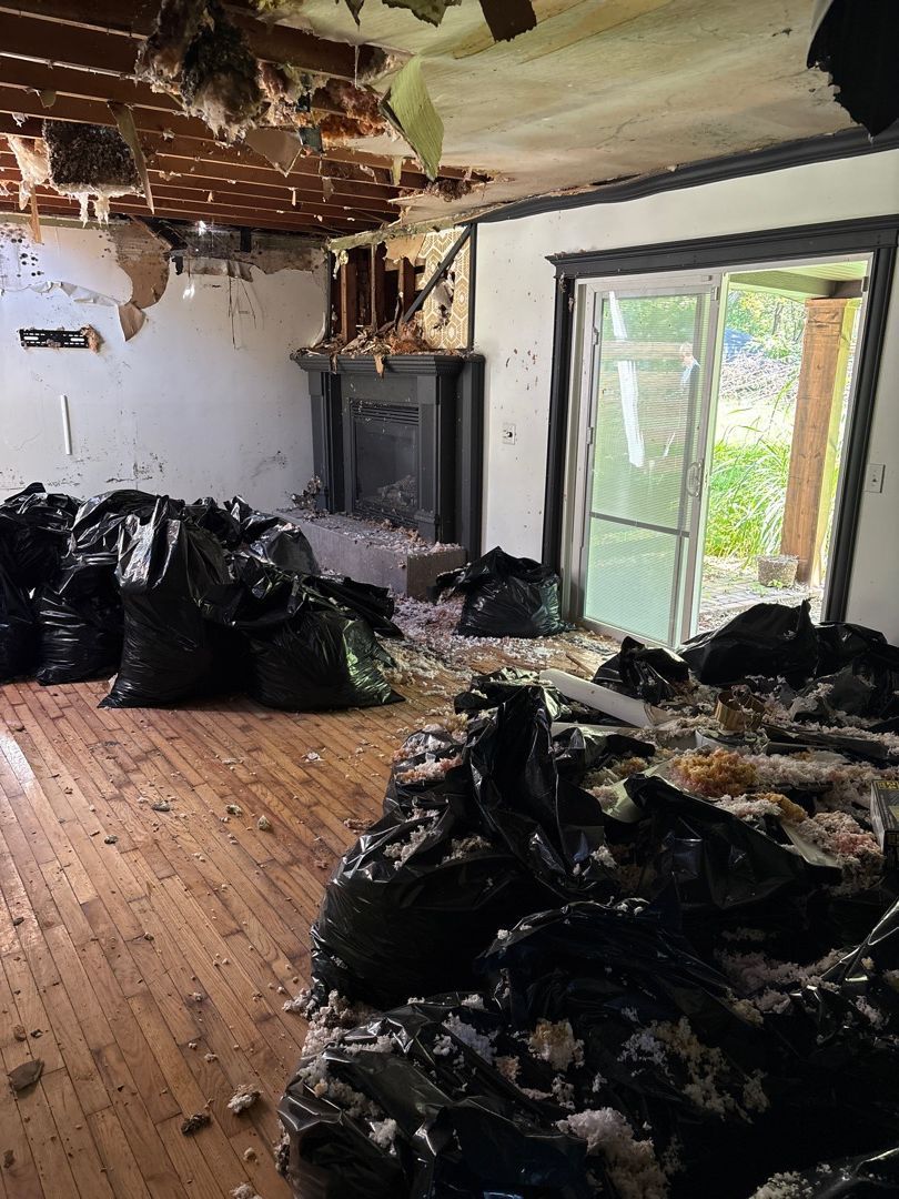 Living room fire damage cleanup with collapsed ceiling in Springfield