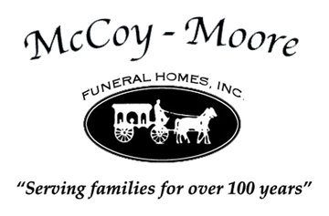 McCoy-Moore Funeral Homes logo with horse-drawn hearse, and text "Serving families for over 100 years".