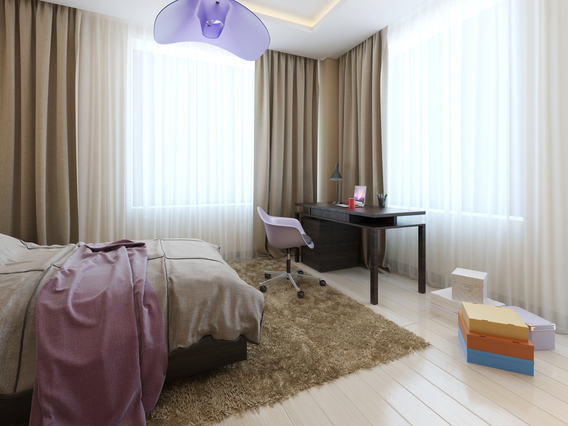 Neutral toned bedroom with blinds pulled back to reveal floor to ceiling sheers. Brown soft run on floor, comfy bed and desk in corner. Neutral tones offset by purple lightshade, throw rug and office chair.