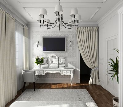 White formal room with timber floor and ornate desk against back wall with flat screen TV and chair. Drapes open on wall one, drapes tied to the side on other wall.