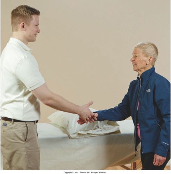 A man in a white shirt shakes hands with an older woman in a blue jacket