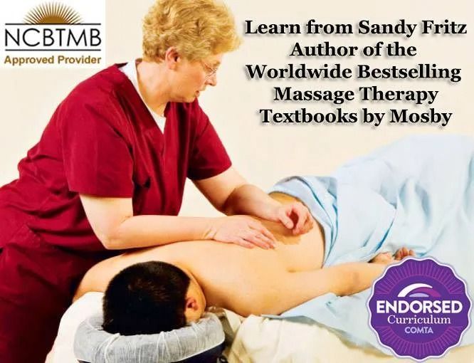 A woman is giving a man a massage and says learn from sandy fritz author of the worldwide bestselling massage therapy textbooks