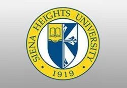 The logo for siena heights university is a shield with a book on it.