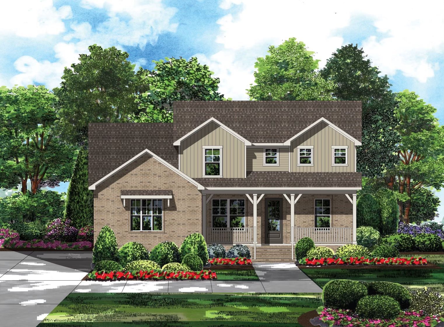 A rendering of a house with a porch and trees in the background.