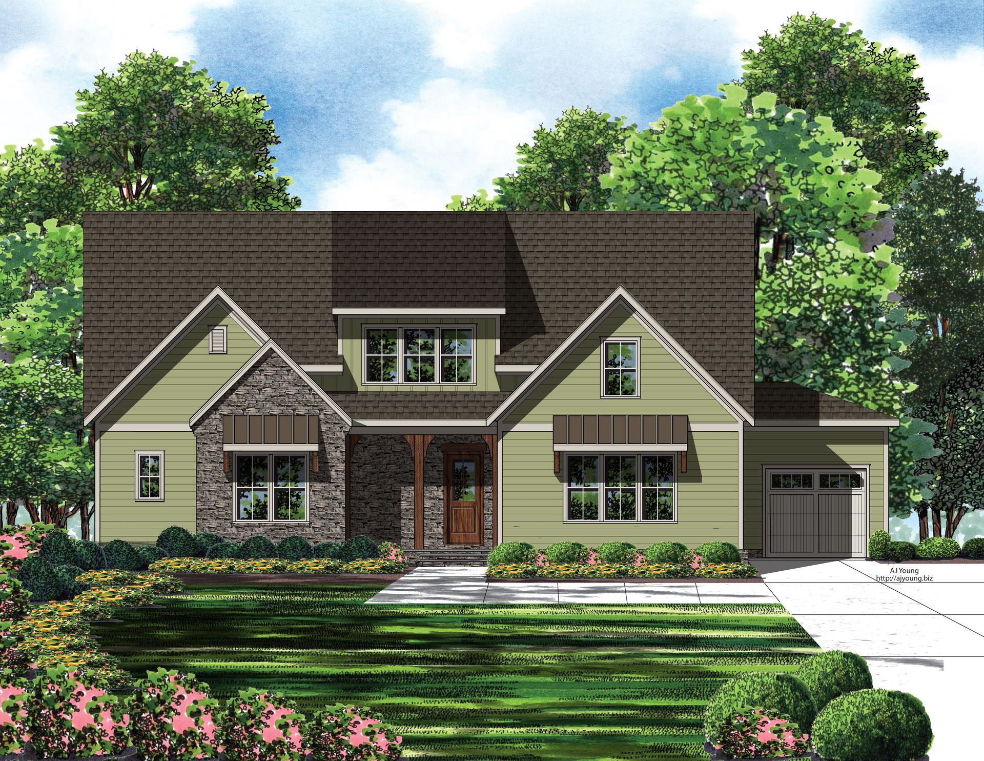 An artist 's impression of a house with a brown roof