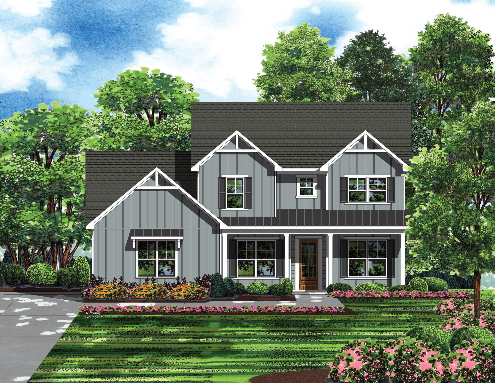An artist 's impression of a house with a brown roof