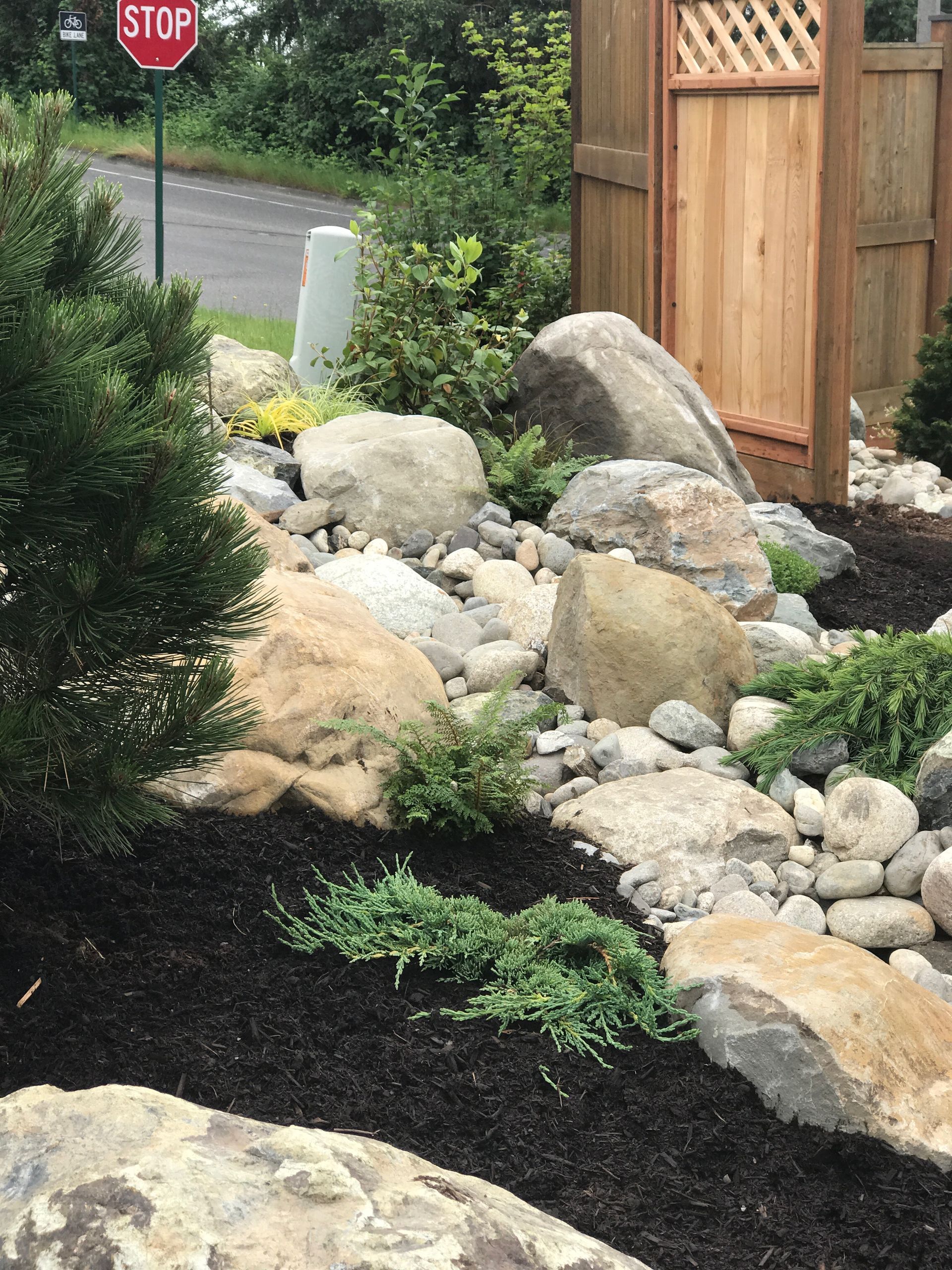 Rock garden with boulders, shrubs, mulch, and a wooden fence; work by West Coast Landscape & Hardscape. 