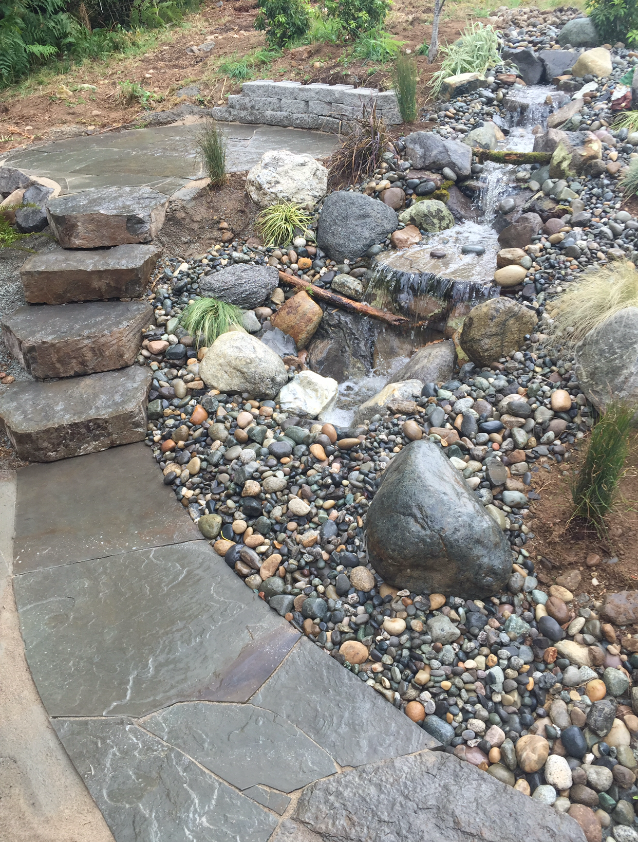 Stone pathway curving around a flowing stream with rocks and vegetation; work by West Coast Landscape & Hardscape. 