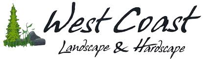 Logo for West Coast Landscape & Hardscape: text with greenery and rock graphic.