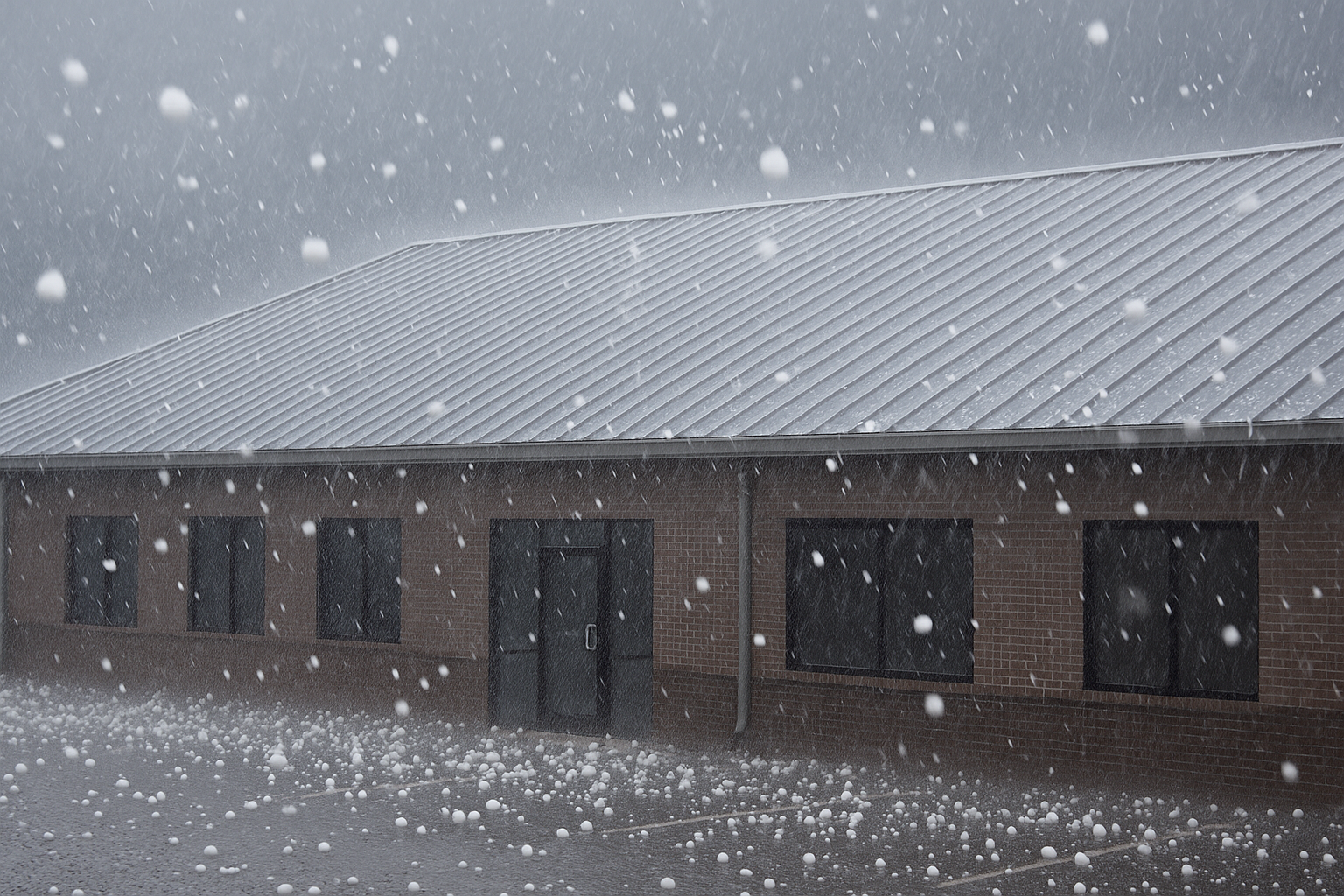 Snow is falling on a brick building with a metal roof