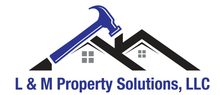 The logo for l & m property solutions , llc shows a hammer and a house.