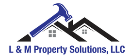 The logo for l & m property solutions , llc shows a hammer and a house.