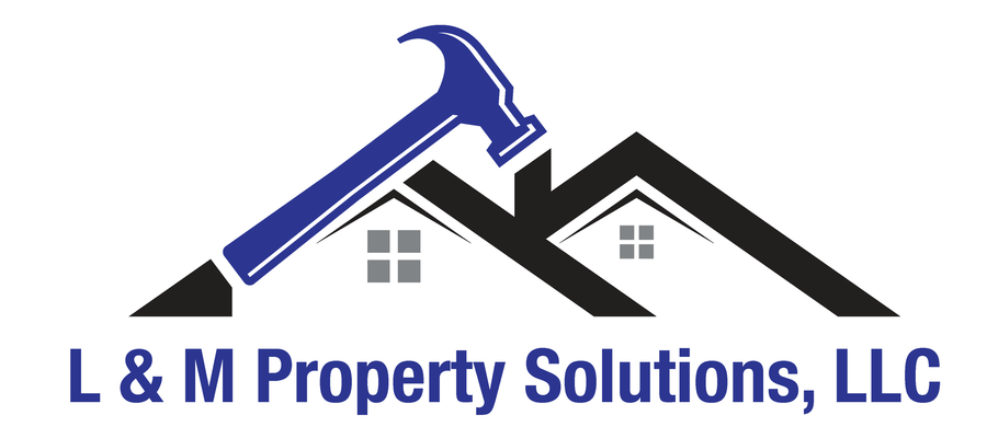 The logo for l & m property solutions , llc shows a hammer and a house.