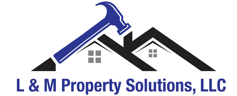 The logo for l & m property solutions , llc shows a hammer on top of a house.