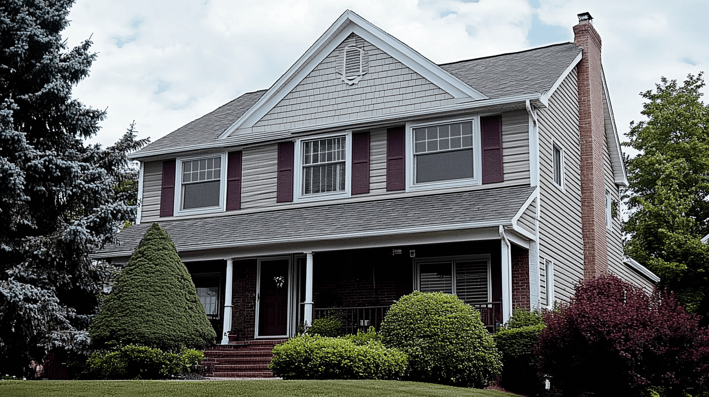 A large brick house with a porch and a chimney