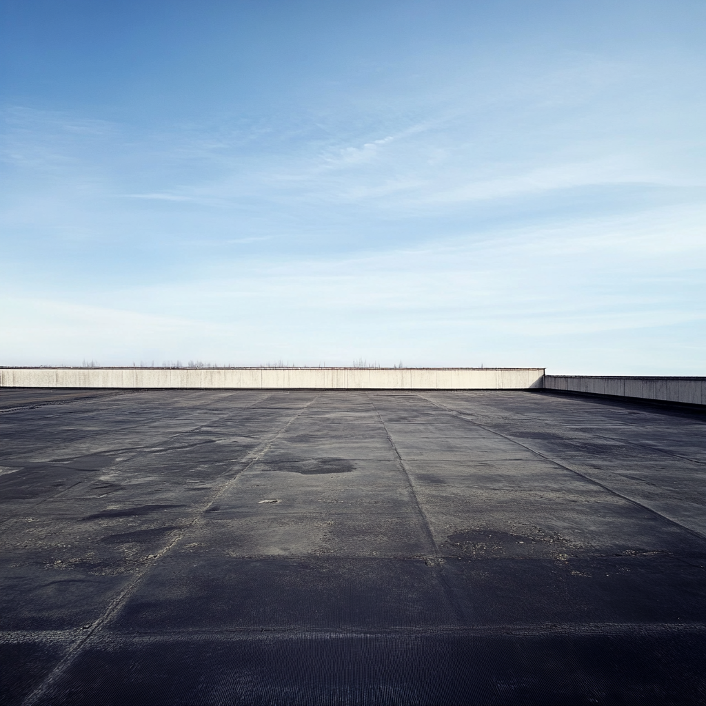 An empty parking lot with a blue sky in the background.