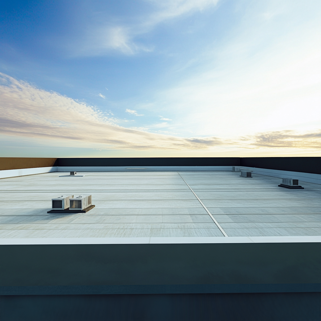 The roof of a building with a blue sky in the background