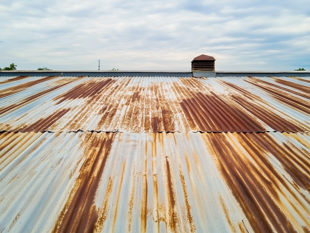 A rusty metal roof with a chimney on top of it.