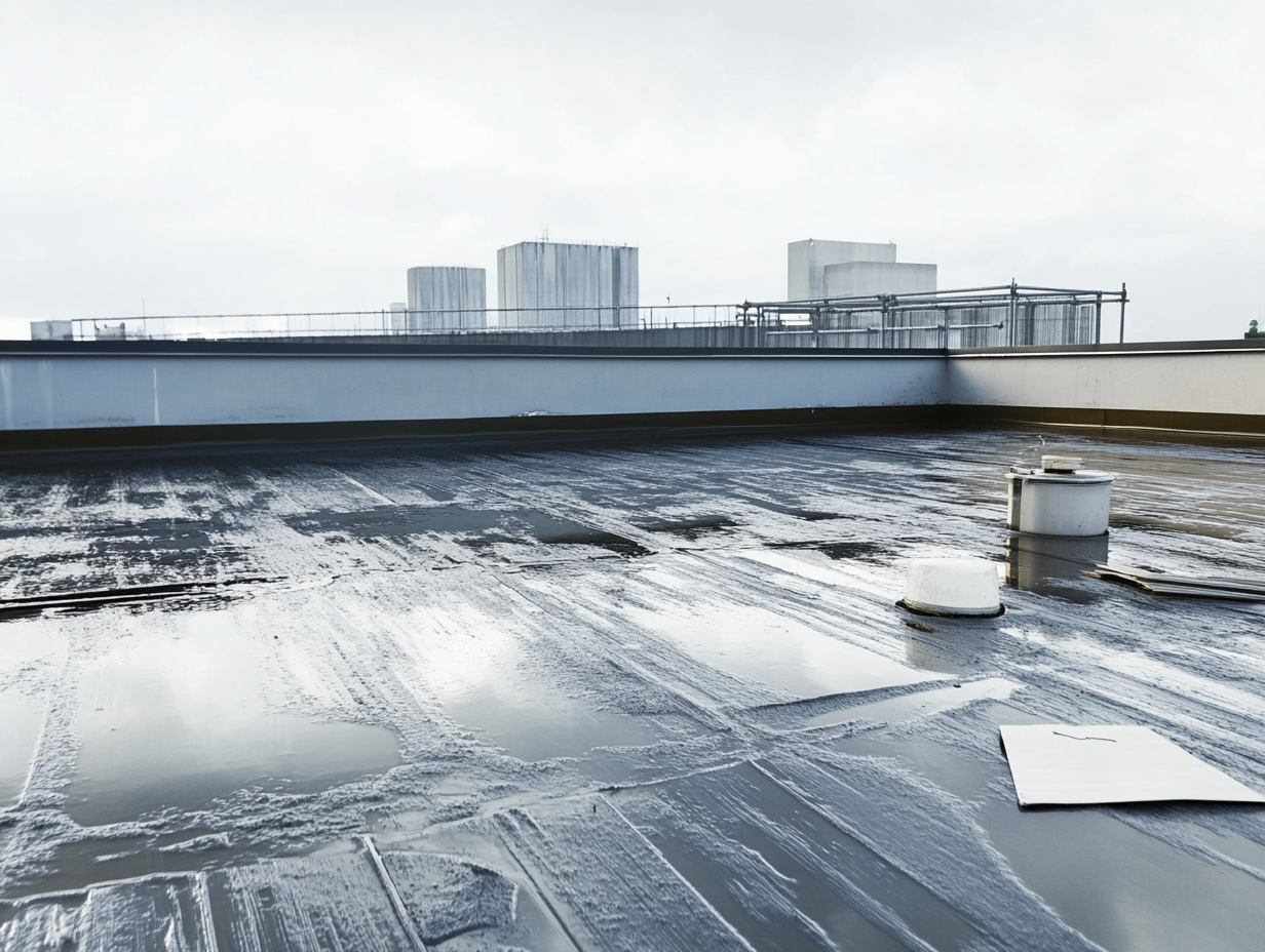 A roof with a lot of water on it and a city in the background.