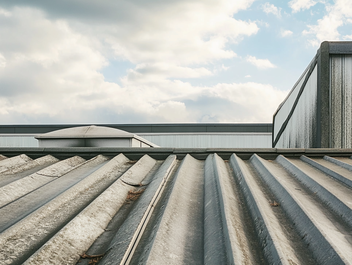 A close up of a roof with a cloudy sky in the background.