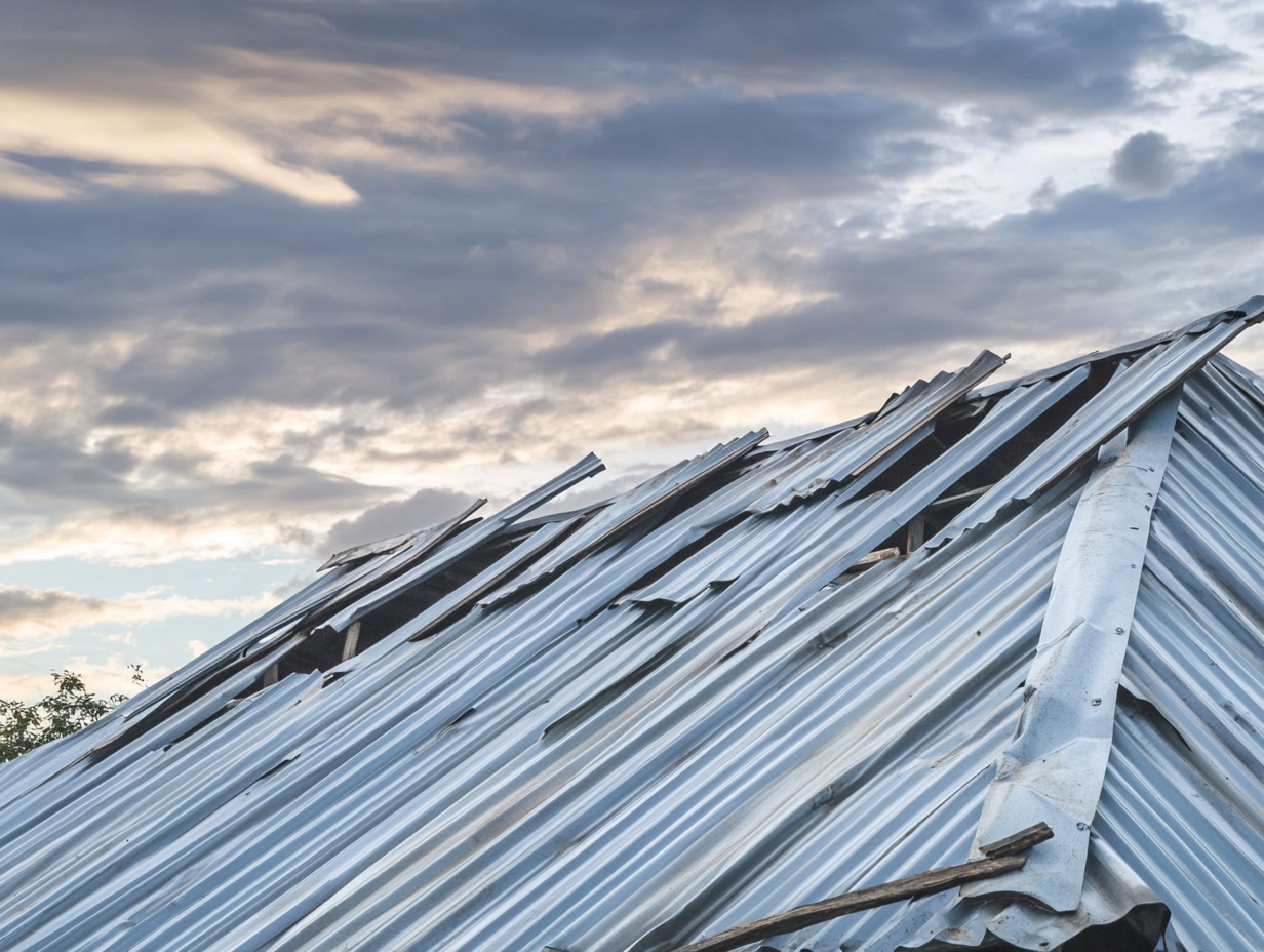A metal roof with a cloudy sky in the background.
