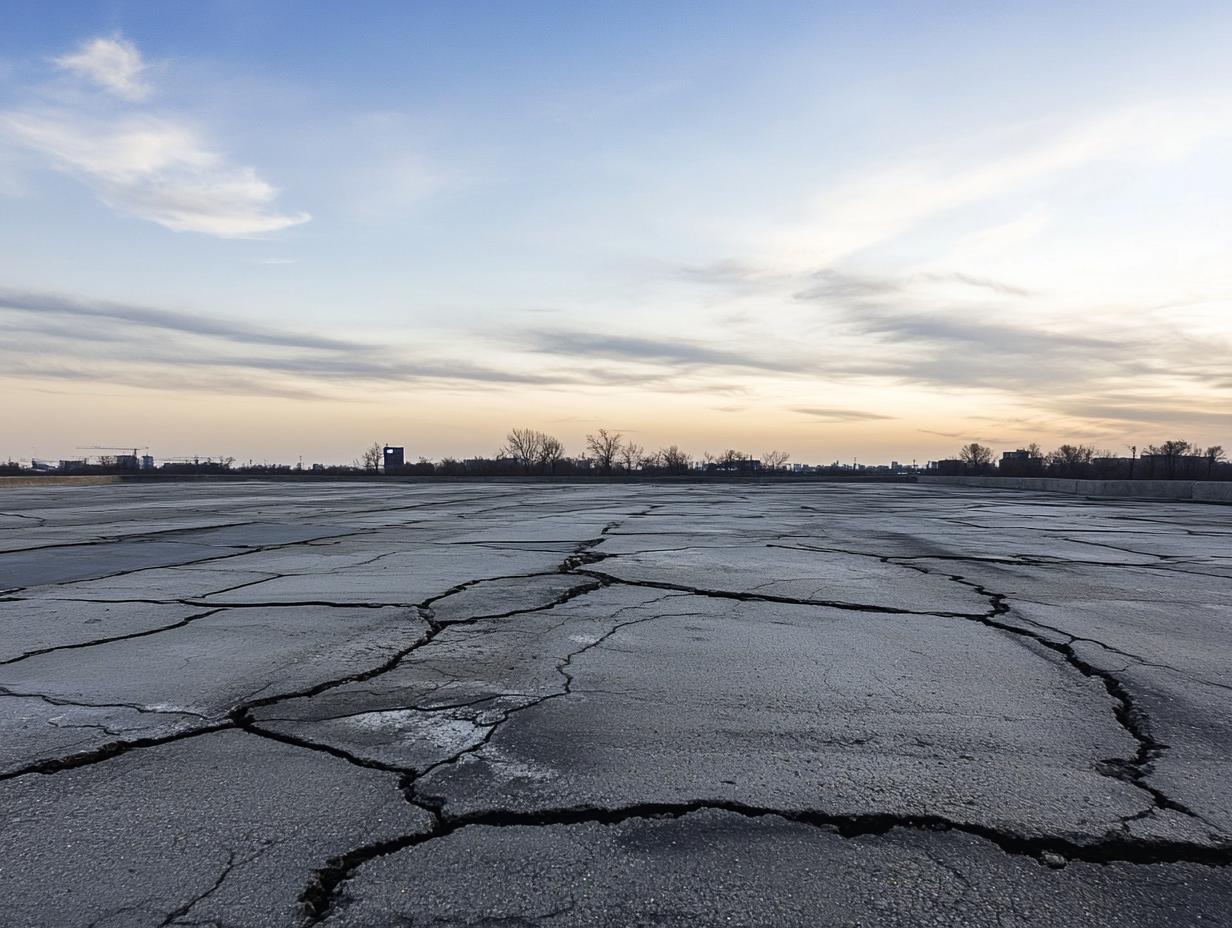 A cracked asphalt road with a sunset in the background.