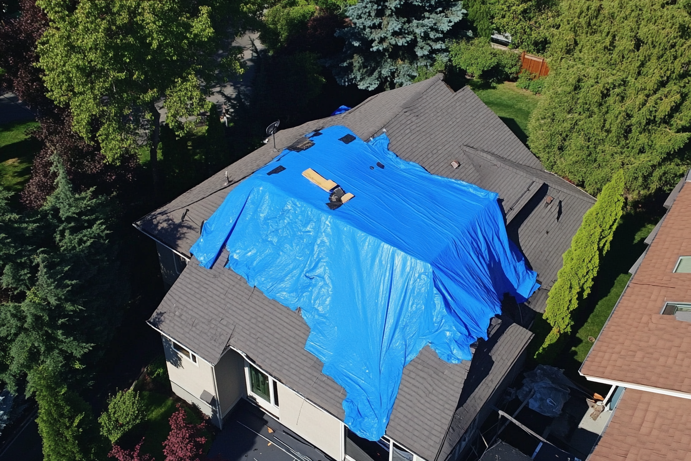 An aerial view of a house with a blue tarp on the roof.