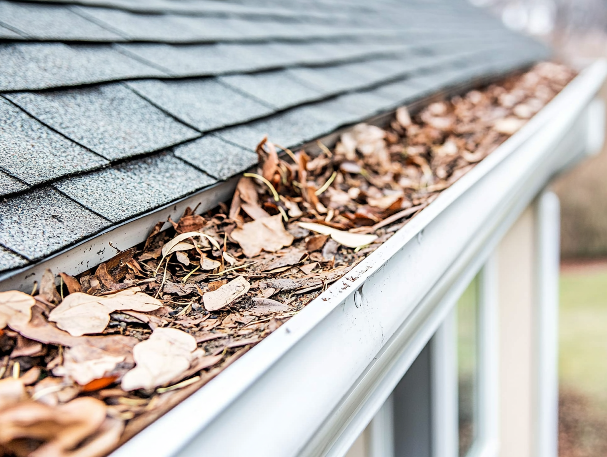 A gutter filled with leaves on the side of a house.