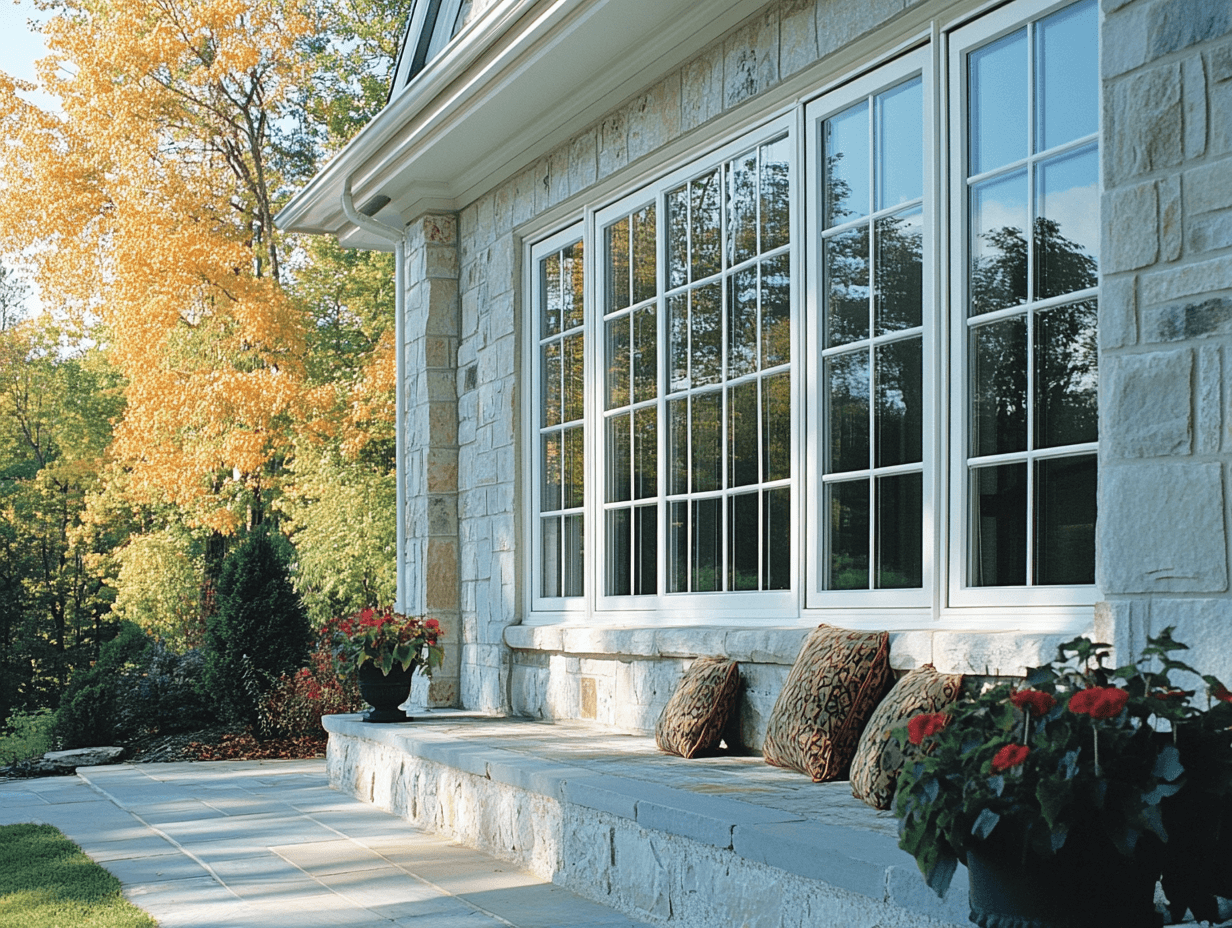 A house with a lot of windows and a bench on the porch