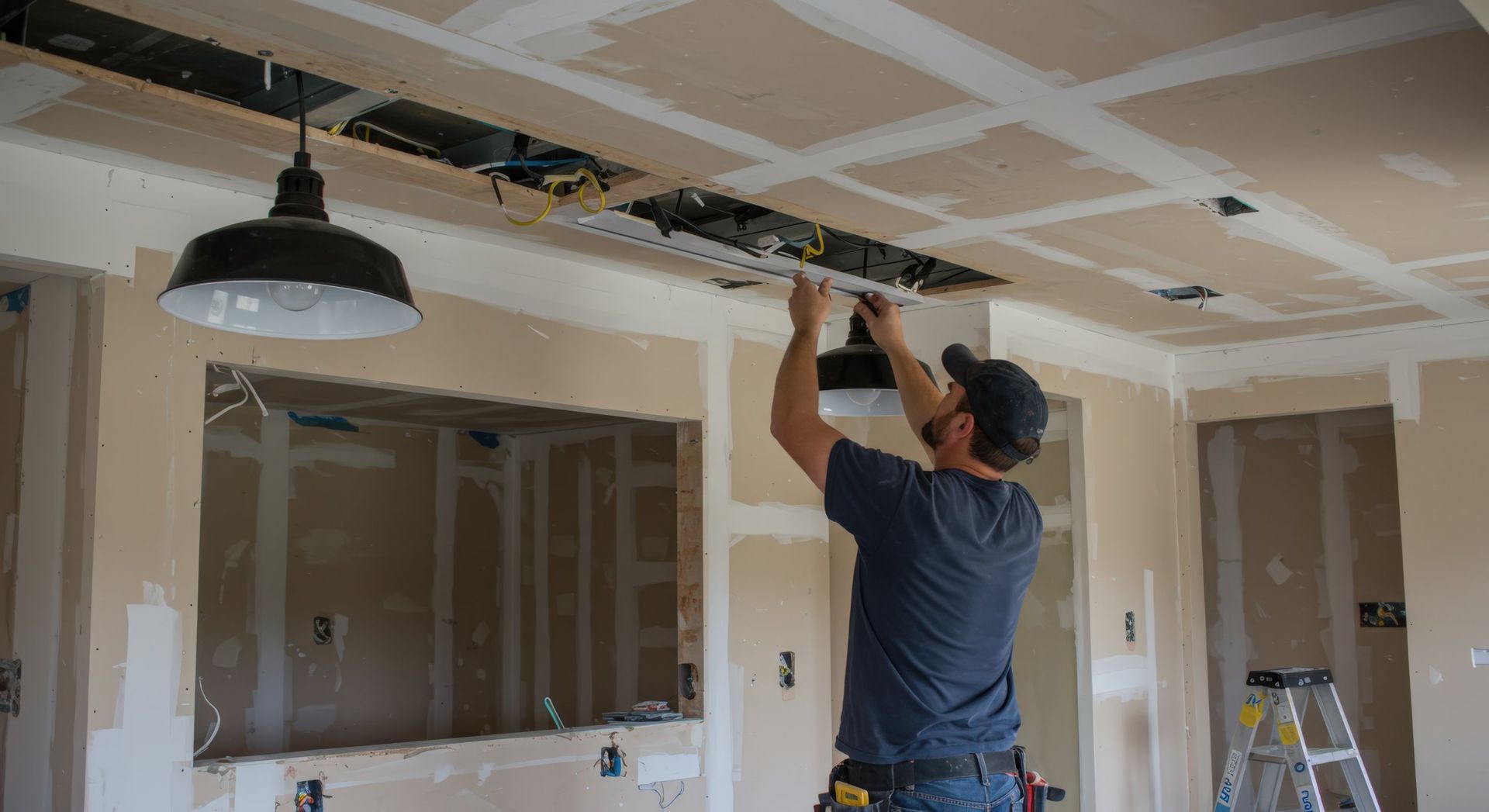 Man installs pendant light in a room under construction, with exposed wires and drywall.