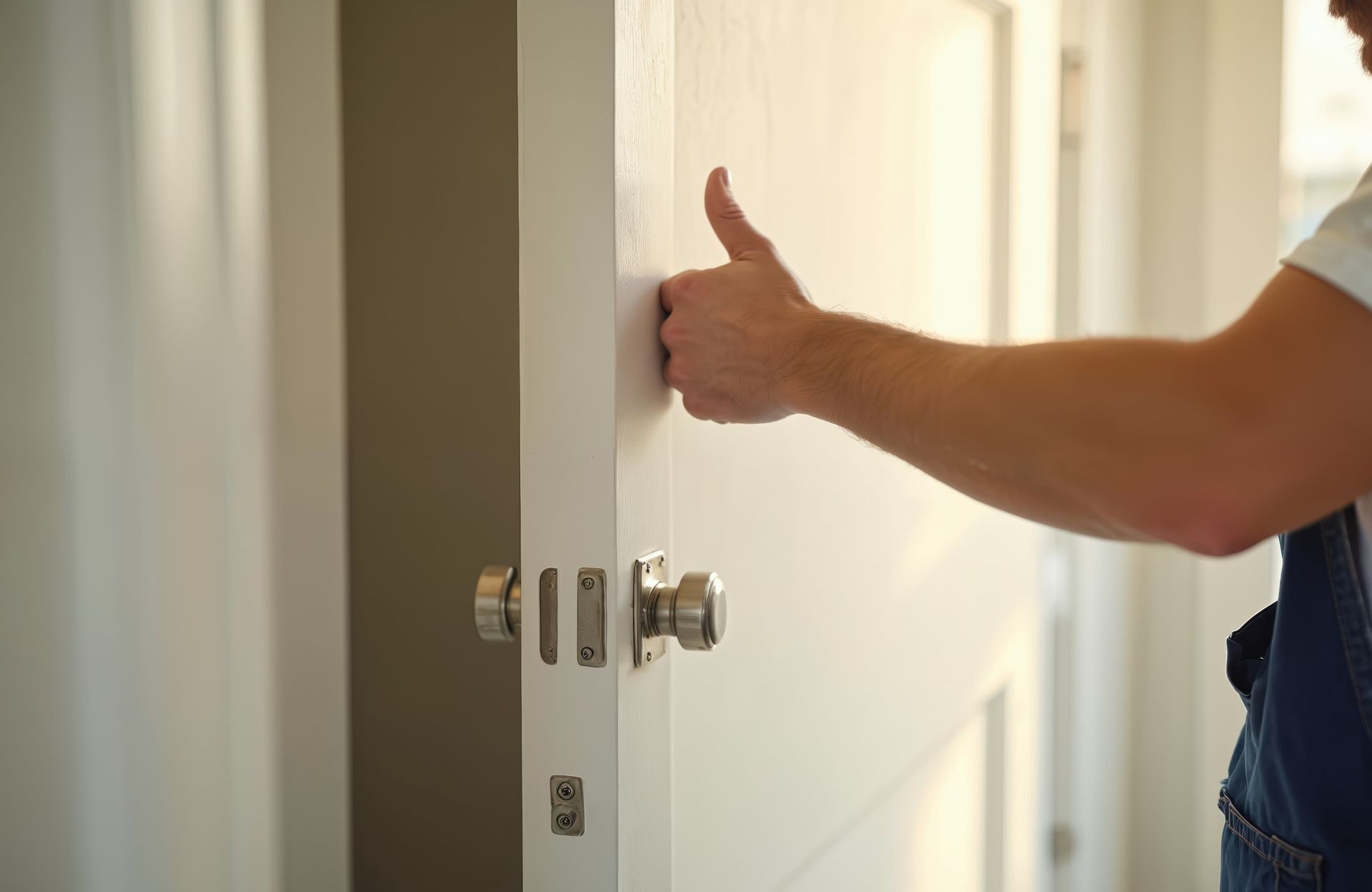 Person giving a thumbs up next to a white door with silver hardware.