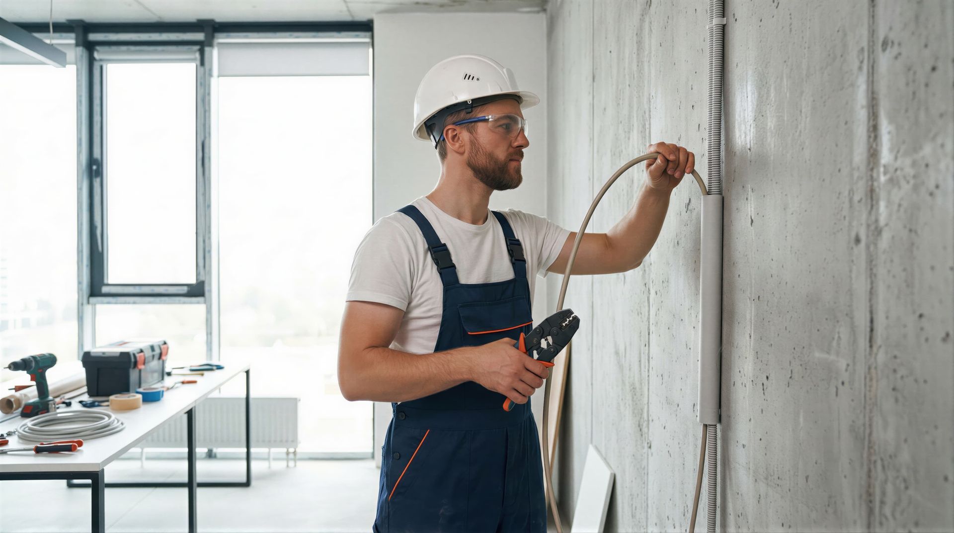 Construction worker in a hard hat and overalls, using a tool on a concrete wall in a building.