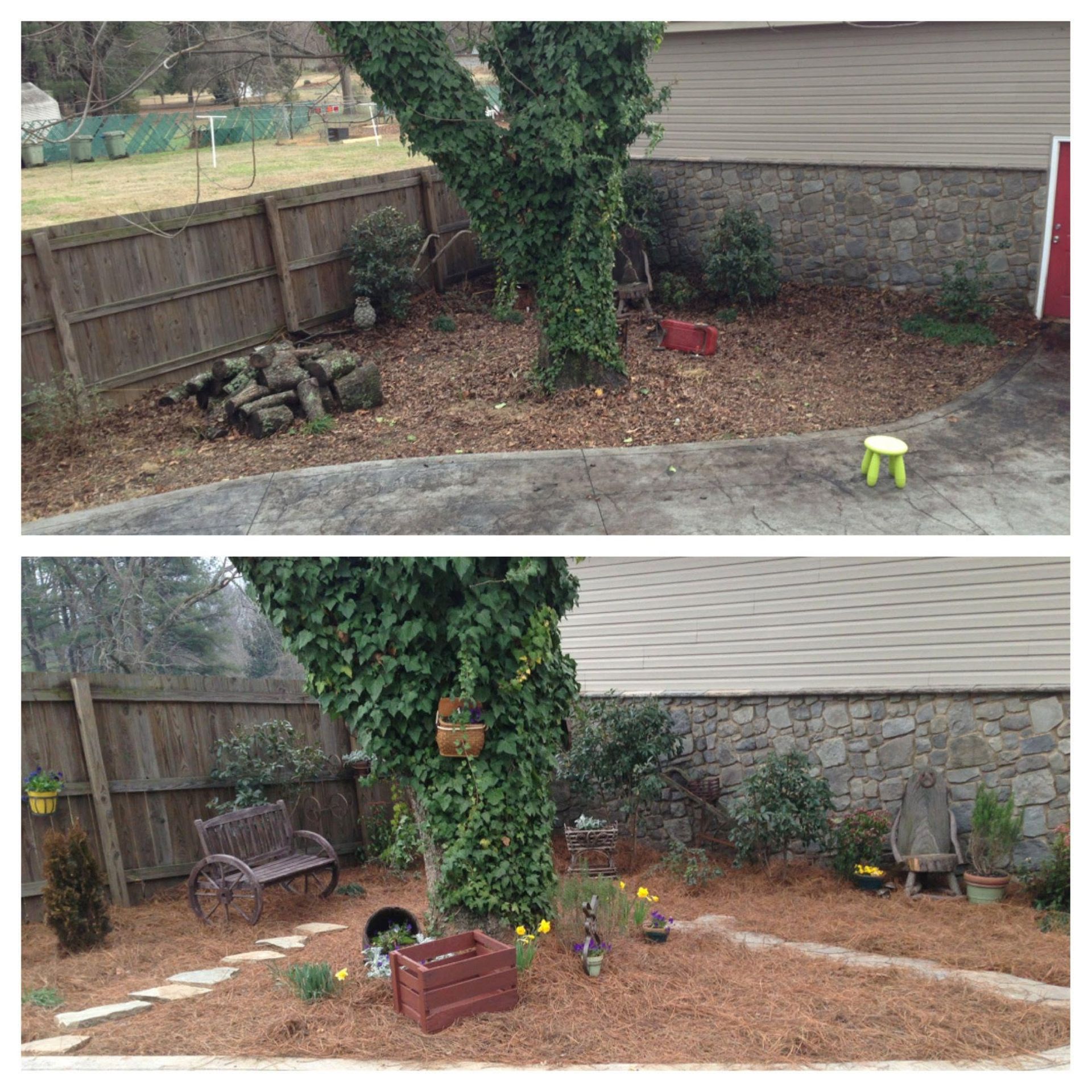 Backyard before-and-after with mulched garden bed around a tree and added outdoor decor