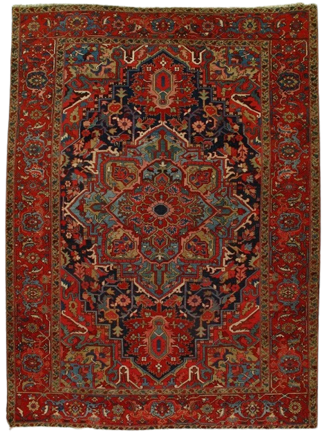 A red rug with a floral pattern on it