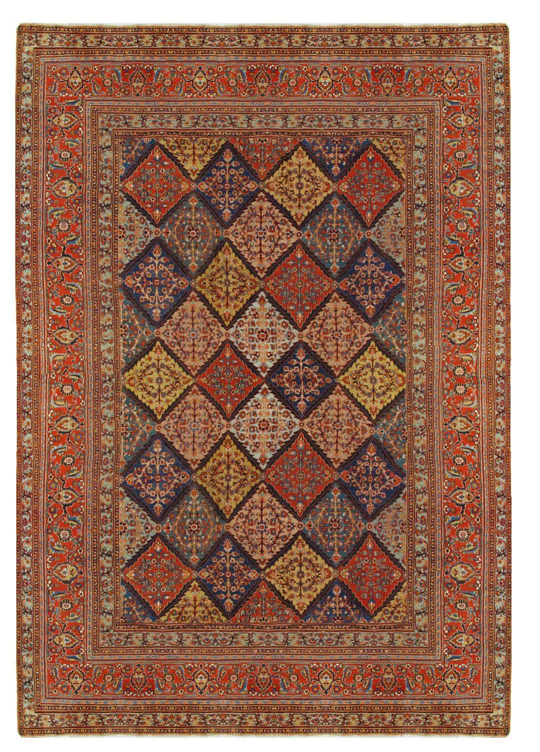 A rug with a pattern of squares on it is on a white background.