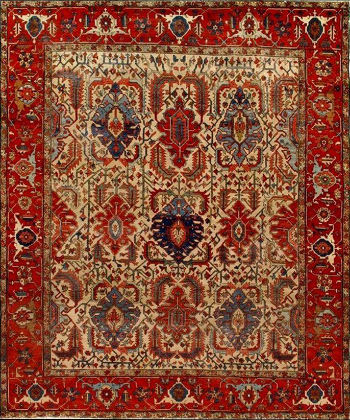 A red and white rug with a floral pattern on it.