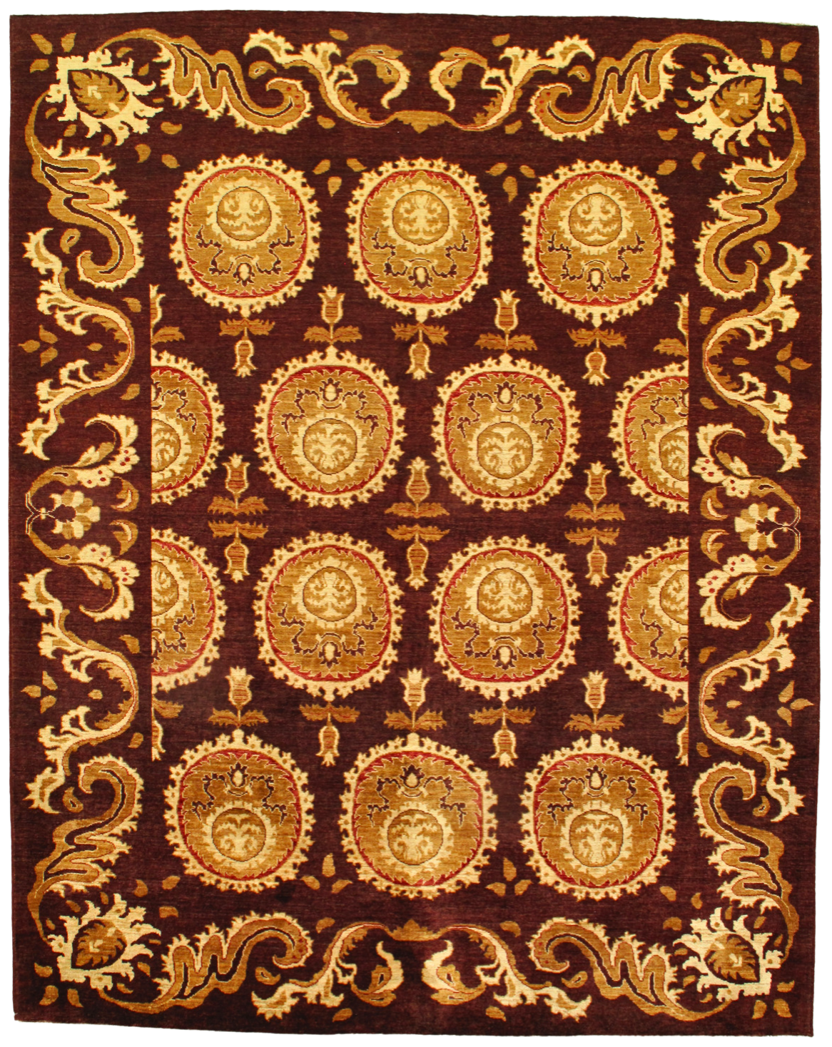 A brown rug with gold circles on it