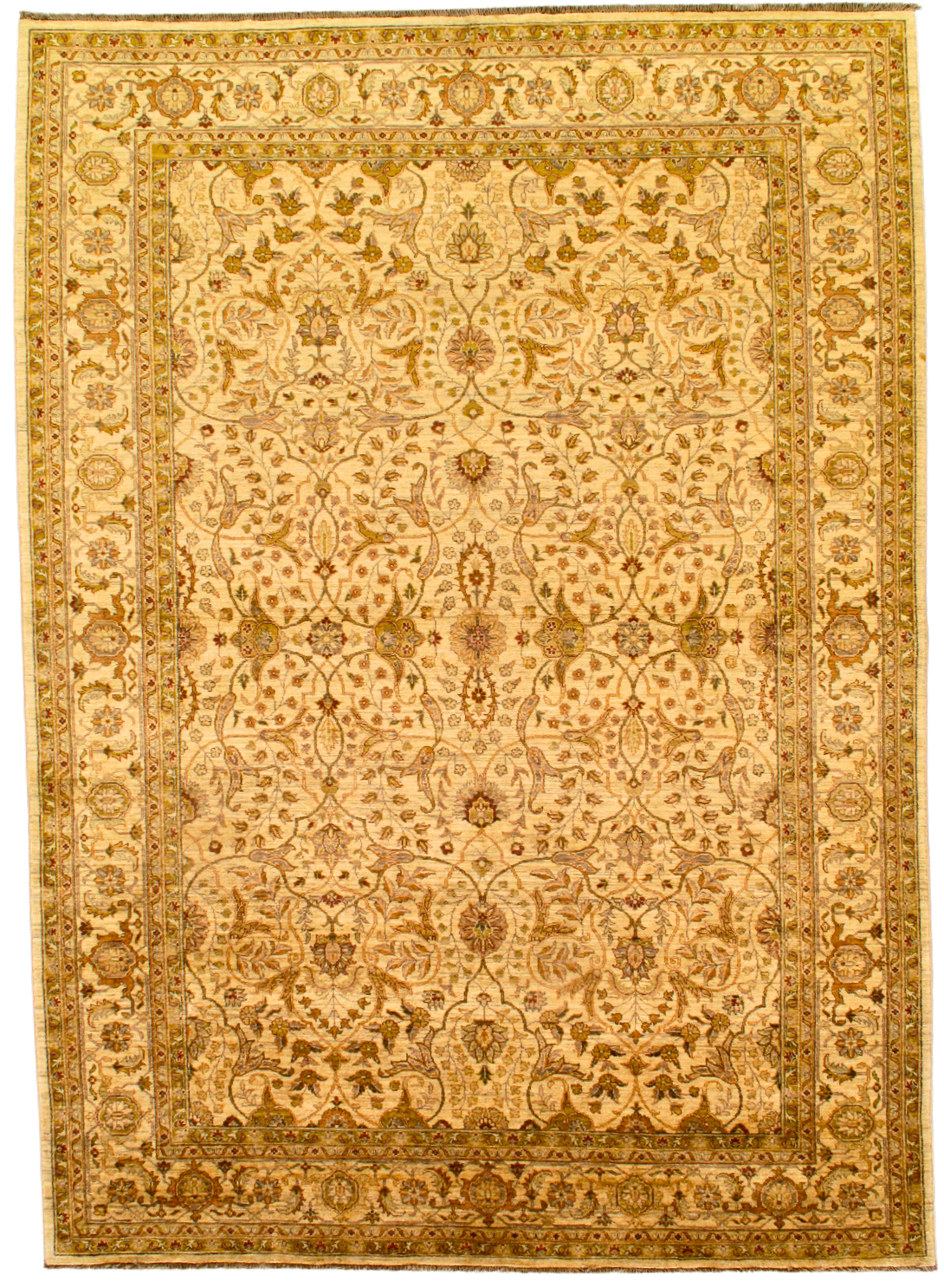 A large yellow rug with a floral pattern on a white background.