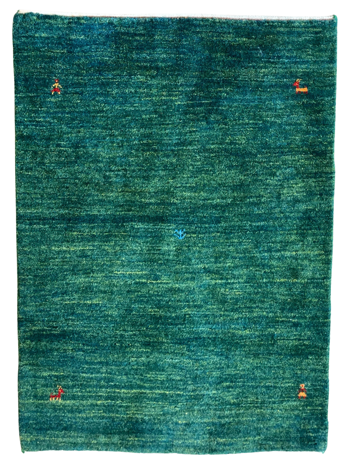 A blue rug with a few red dots on it