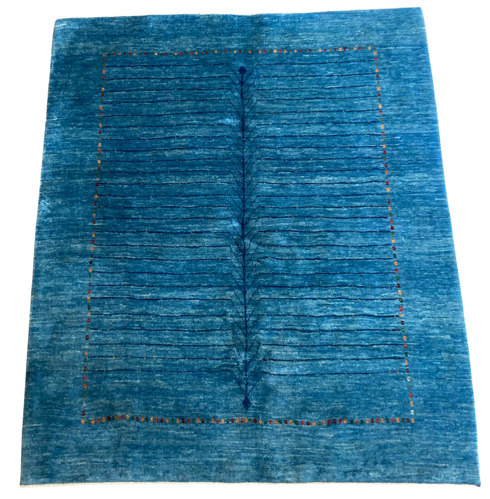 A blue rug with a brown border on a white background