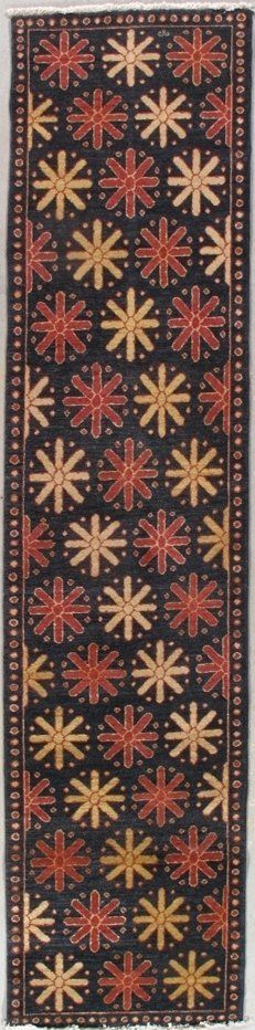 A black and red rug with a pattern of stars on it