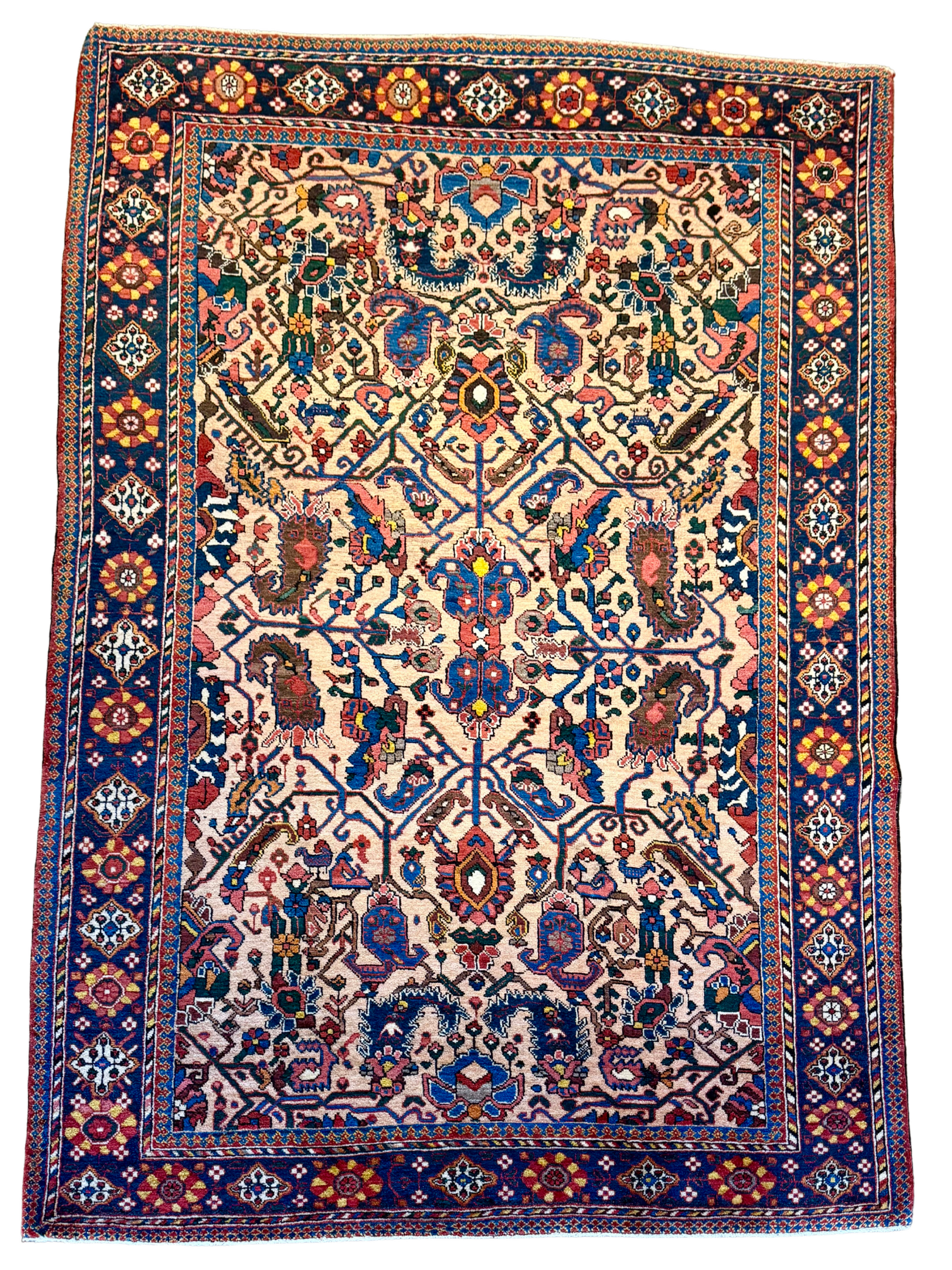 A rug with a floral pattern on it is on a white background.