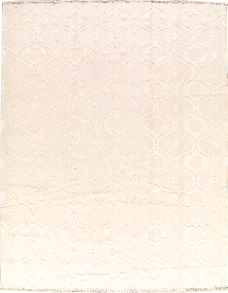 A white rug with a pattern on it is on a white background.