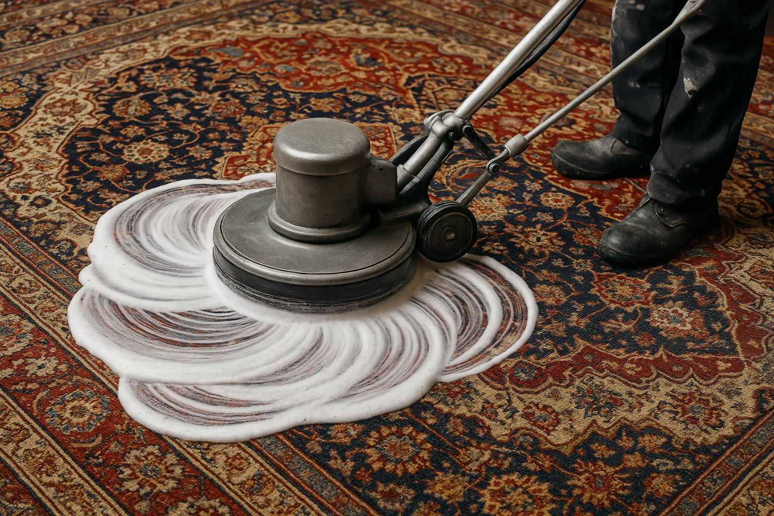 A person is cleaning a rug with a vacuum cleaner.