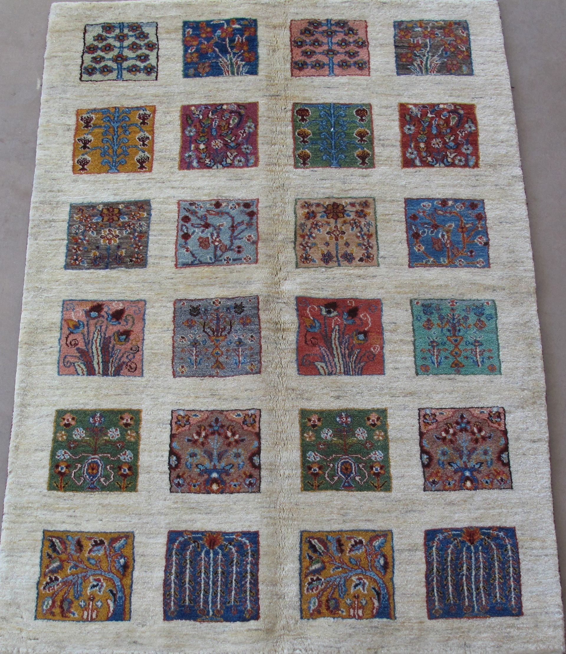 A rug with many squares of different colors on it